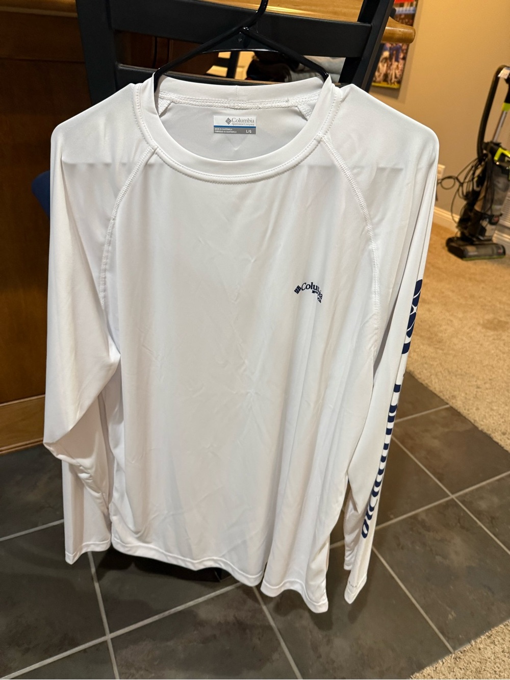 Columbia White Men’s Long-Sleeve Rash Guard with Navy Logo